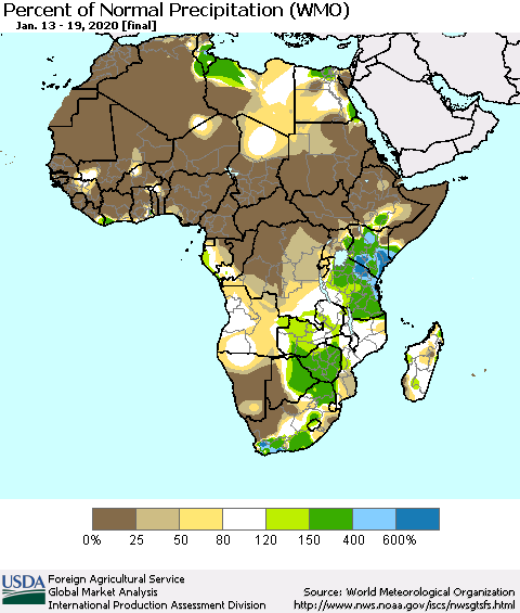 Africa Percent of Normal Precipitation (WMO) Thematic Map For 1/13/2020 - 1/19/2020