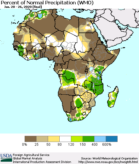 Africa Percent of Normal Precipitation (WMO) Thematic Map For 1/20/2020 - 1/26/2020