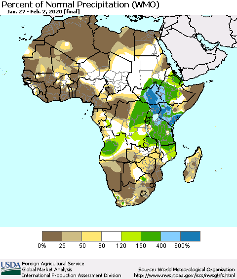 Africa Percent of Normal Precipitation (WMO) Thematic Map For 1/27/2020 - 2/2/2020