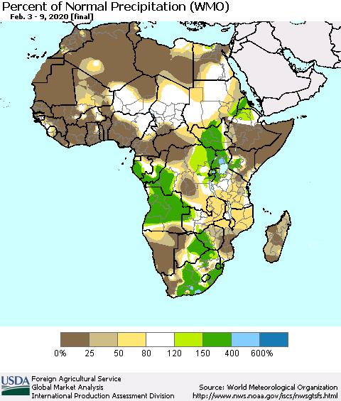 Africa Percent of Normal Precipitation (WMO) Thematic Map For 2/3/2020 - 2/9/2020