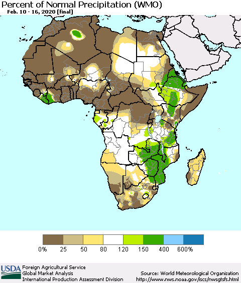Africa Percent of Normal Precipitation (WMO) Thematic Map For 2/10/2020 - 2/16/2020