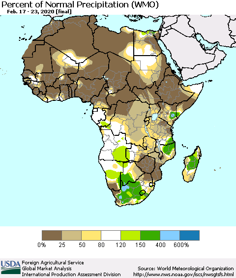 Africa Percent of Normal Precipitation (WMO) Thematic Map For 2/17/2020 - 2/23/2020