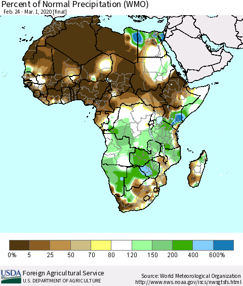 Africa Percent of Normal Precipitation (WMO) Thematic Map For 2/24/2020 - 3/1/2020