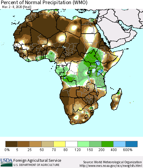 Africa Percent of Normal Precipitation (WMO) Thematic Map For 3/2/2020 - 3/8/2020