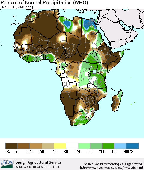 Africa Percent of Normal Precipitation (WMO) Thematic Map For 3/9/2020 - 3/15/2020
