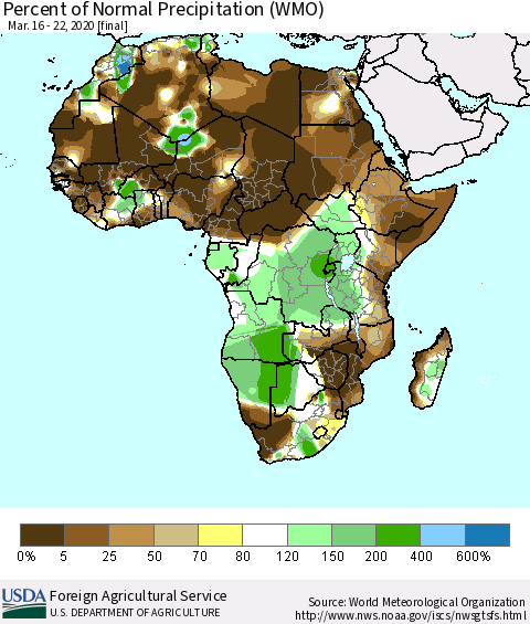 Africa Percent of Normal Precipitation (WMO) Thematic Map For 3/16/2020 - 3/22/2020