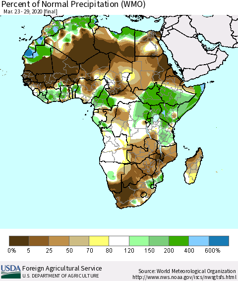Africa Percent of Normal Precipitation (WMO) Thematic Map For 3/23/2020 - 3/29/2020