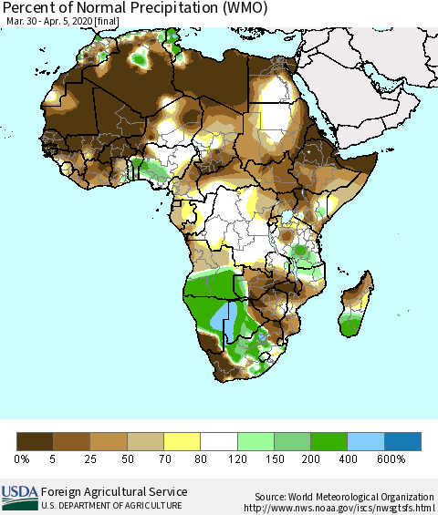 Africa Percent of Normal Precipitation (WMO) Thematic Map For 3/30/2020 - 4/5/2020