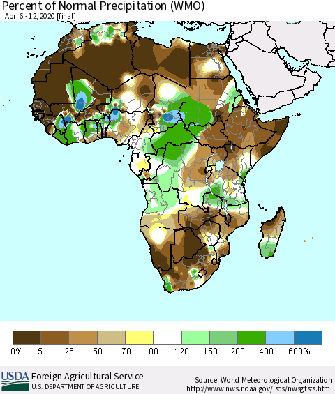 Africa Percent of Normal Precipitation (WMO) Thematic Map For 4/6/2020 - 4/12/2020