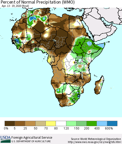 Africa Percent of Normal Precipitation (WMO) Thematic Map For 4/13/2020 - 4/19/2020