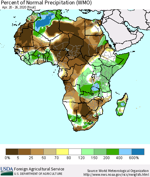 Africa Percent of Normal Precipitation (WMO) Thematic Map For 4/20/2020 - 4/26/2020