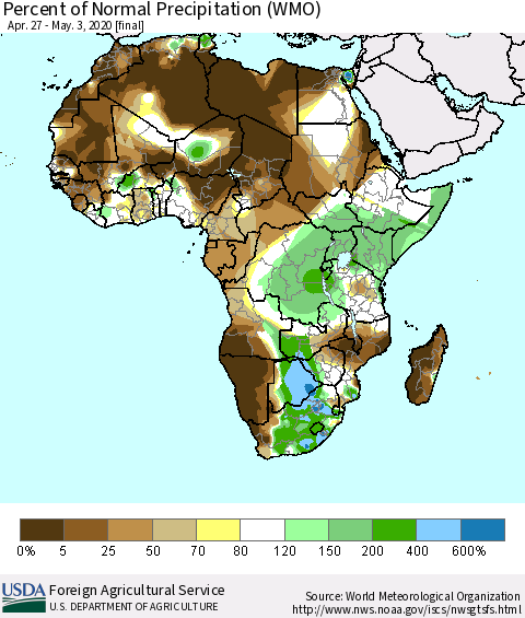 Africa Percent of Normal Precipitation (WMO) Thematic Map For 4/27/2020 - 5/3/2020