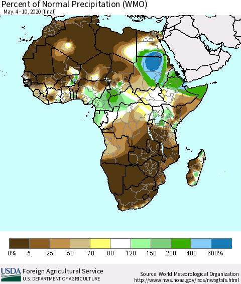 Africa Percent of Normal Precipitation (WMO) Thematic Map For 5/4/2020 - 5/10/2020