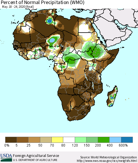 Africa Percent of Normal Precipitation (WMO) Thematic Map For 5/18/2020 - 5/24/2020