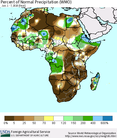 Africa Percent of Normal Precipitation (WMO) Thematic Map For 6/1/2020 - 6/7/2020