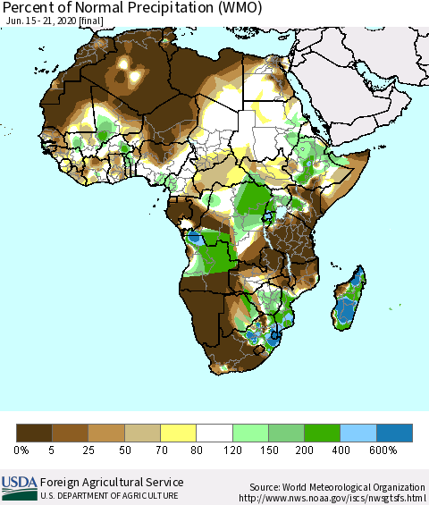 Africa Percent of Normal Precipitation (WMO) Thematic Map For 6/15/2020 - 6/21/2020