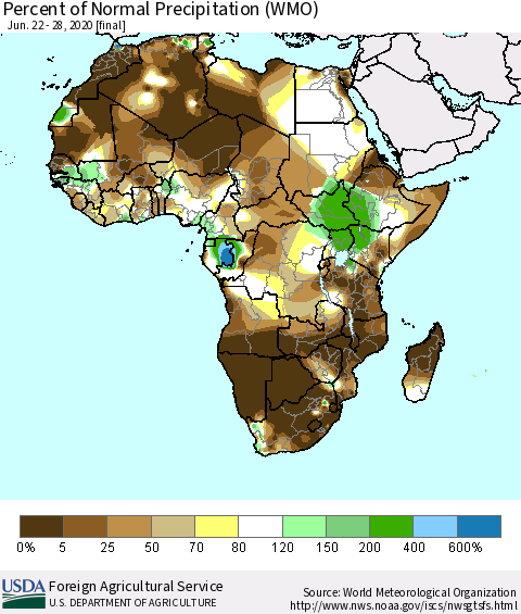 Africa Percent of Normal Precipitation (WMO) Thematic Map For 6/22/2020 - 6/28/2020
