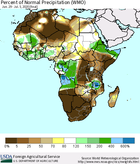 Africa Percent of Normal Precipitation (WMO) Thematic Map For 6/29/2020 - 7/5/2020