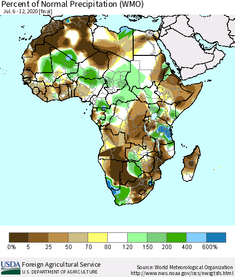 Africa Percent of Normal Precipitation (WMO) Thematic Map For 7/6/2020 - 7/12/2020
