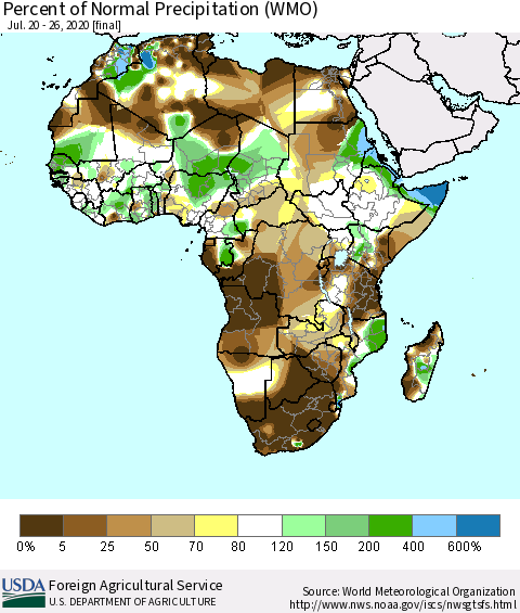 Africa Percent of Normal Precipitation (WMO) Thematic Map For 7/20/2020 - 7/26/2020