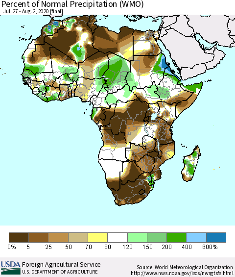 Africa Percent of Normal Precipitation (WMO) Thematic Map For 7/27/2020 - 8/2/2020