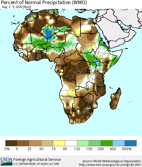 Africa Percent of Normal Precipitation (WMO) Thematic Map For 8/3/2020 - 8/9/2020
