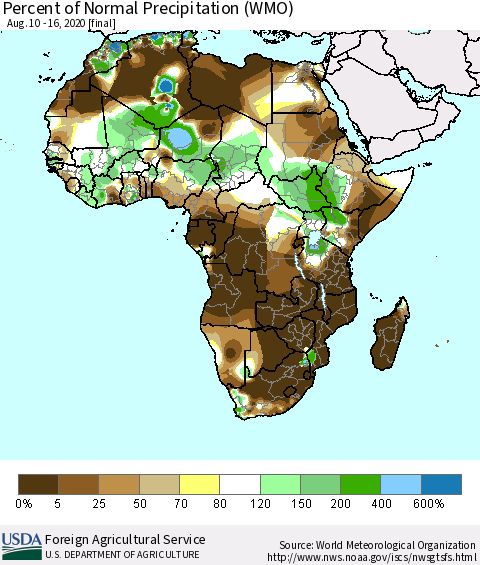 Africa Percent of Normal Precipitation (WMO) Thematic Map For 8/10/2020 - 8/16/2020