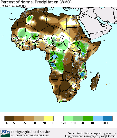 Africa Percent of Normal Precipitation (WMO) Thematic Map For 8/17/2020 - 8/23/2020