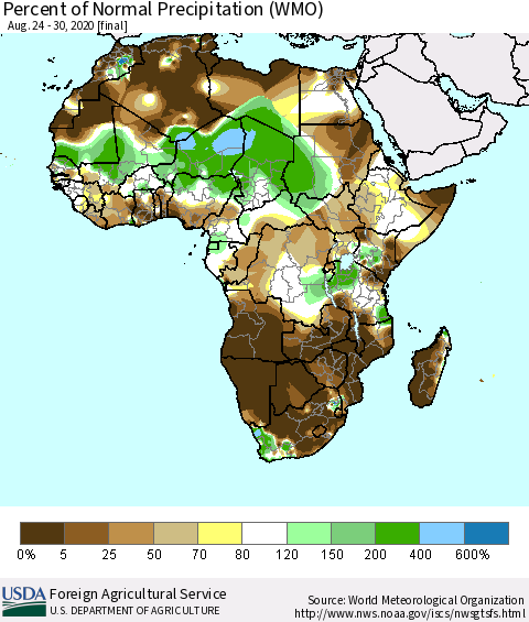 Africa Percent of Normal Precipitation (WMO) Thematic Map For 8/24/2020 - 8/30/2020