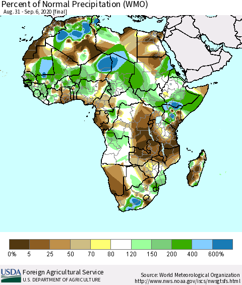 Africa Percent of Normal Precipitation (WMO) Thematic Map For 8/31/2020 - 9/6/2020