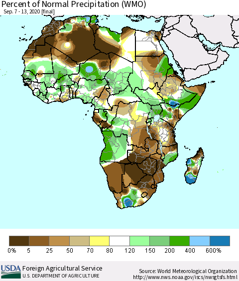 Africa Percent of Normal Precipitation (WMO) Thematic Map For 9/7/2020 - 9/13/2020