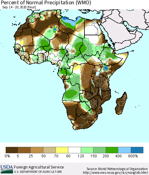 Africa Percent of Normal Precipitation (WMO) Thematic Map For 9/14/2020 - 9/20/2020