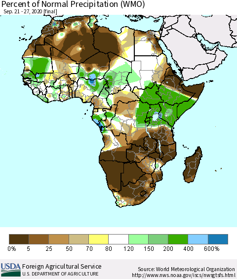 Africa Percent of Normal Precipitation (WMO) Thematic Map For 9/21/2020 - 9/27/2020