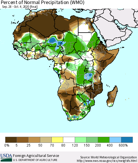 Africa Percent of Normal Precipitation (WMO) Thematic Map For 9/28/2020 - 10/4/2020