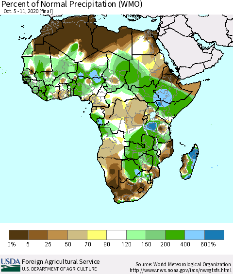 Africa Percent of Normal Precipitation (WMO) Thematic Map For 10/5/2020 - 10/11/2020