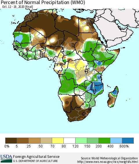 Africa Percent of Normal Precipitation (WMO) Thematic Map For 10/12/2020 - 10/18/2020