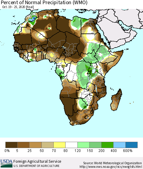 Africa Percent of Normal Precipitation (WMO) Thematic Map For 10/19/2020 - 10/25/2020