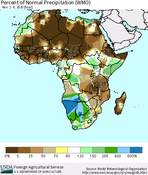 Africa Percent of Normal Precipitation (WMO) Thematic Map For 11/2/2020 - 11/8/2020