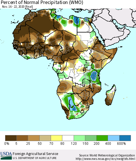 Africa Percent of Normal Precipitation (WMO) Thematic Map For 11/16/2020 - 11/22/2020