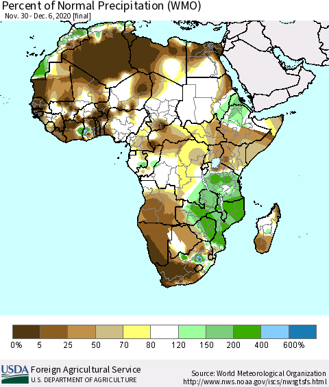 Africa Percent of Normal Precipitation (WMO) Thematic Map For 11/30/2020 - 12/6/2020