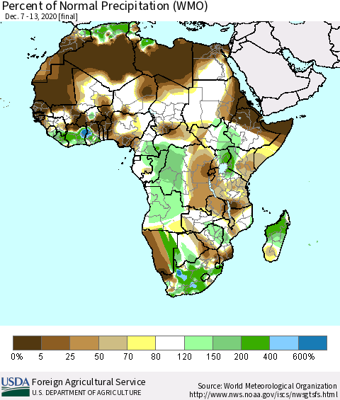 Africa Percent of Normal Precipitation (WMO) Thematic Map For 12/7/2020 - 12/13/2020