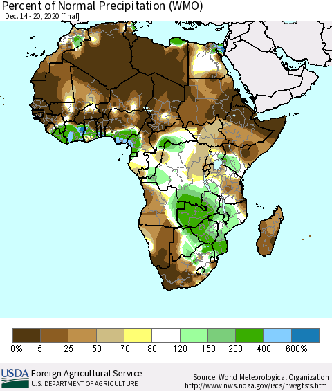 Africa Percent of Normal Precipitation (WMO) Thematic Map For 12/14/2020 - 12/20/2020