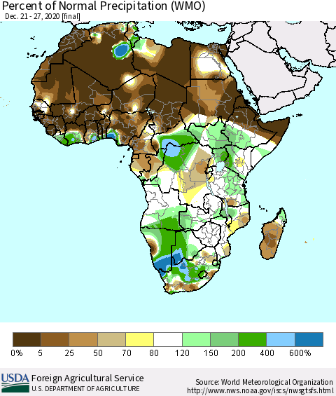 Africa Percent of Normal Precipitation (WMO) Thematic Map For 12/21/2020 - 12/27/2020