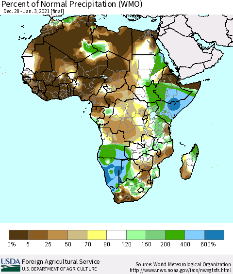Africa Percent of Normal Precipitation (WMO) Thematic Map For 12/28/2020 - 1/3/2021