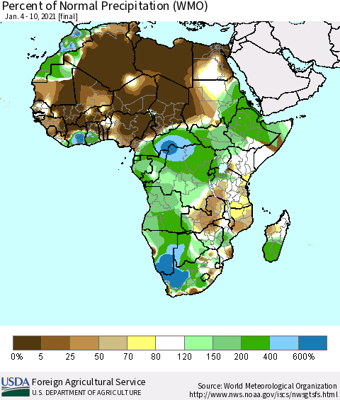 Africa Percent of Normal Precipitation (WMO) Thematic Map For 1/4/2021 - 1/10/2021
