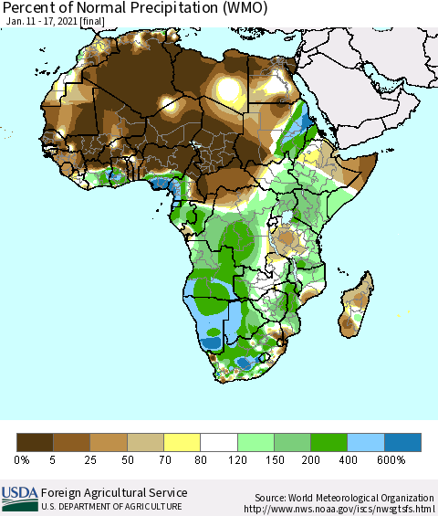 Africa Percent of Normal Precipitation (WMO) Thematic Map For 1/11/2021 - 1/17/2021