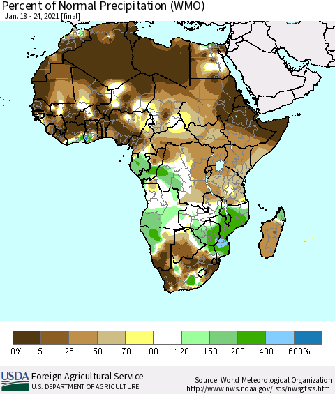 Africa Percent of Normal Precipitation (WMO) Thematic Map For 1/18/2021 - 1/24/2021