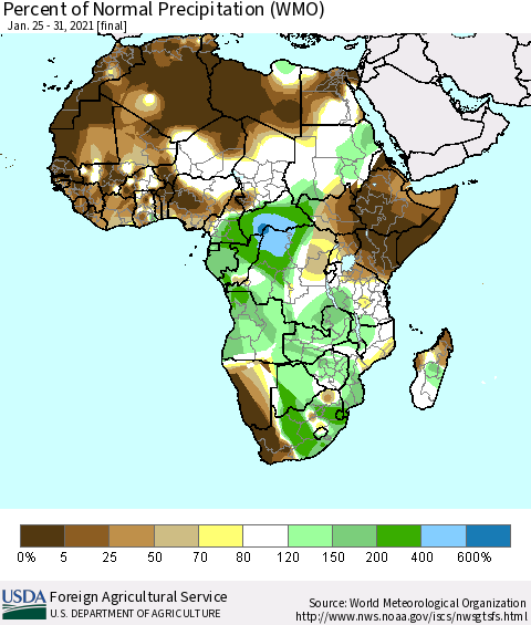 Africa Percent of Normal Precipitation (WMO) Thematic Map For 1/25/2021 - 1/31/2021