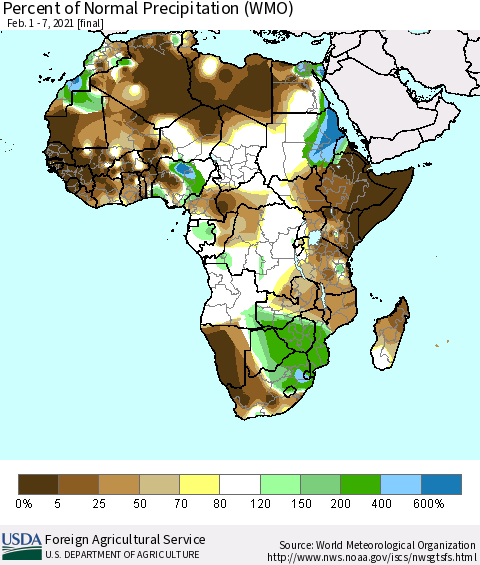 Africa Percent of Normal Precipitation (WMO) Thematic Map For 2/1/2021 - 2/7/2021