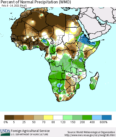 Africa Percent of Normal Precipitation (WMO) Thematic Map For 2/8/2021 - 2/14/2021